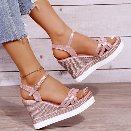 

Ovzne Rhinestone Sandals For Women Silver Sandals Summer Ladies Shoes Fish Mouth Medium Wedge Heel Metal Buckle Women S Sandals Rhinestone Flats