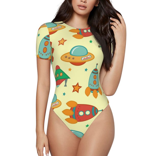 Balery Colorful Outer Space Body de cuello redondo de manga corta para mujer Tops de manga corta Tops básicos-XX-Large