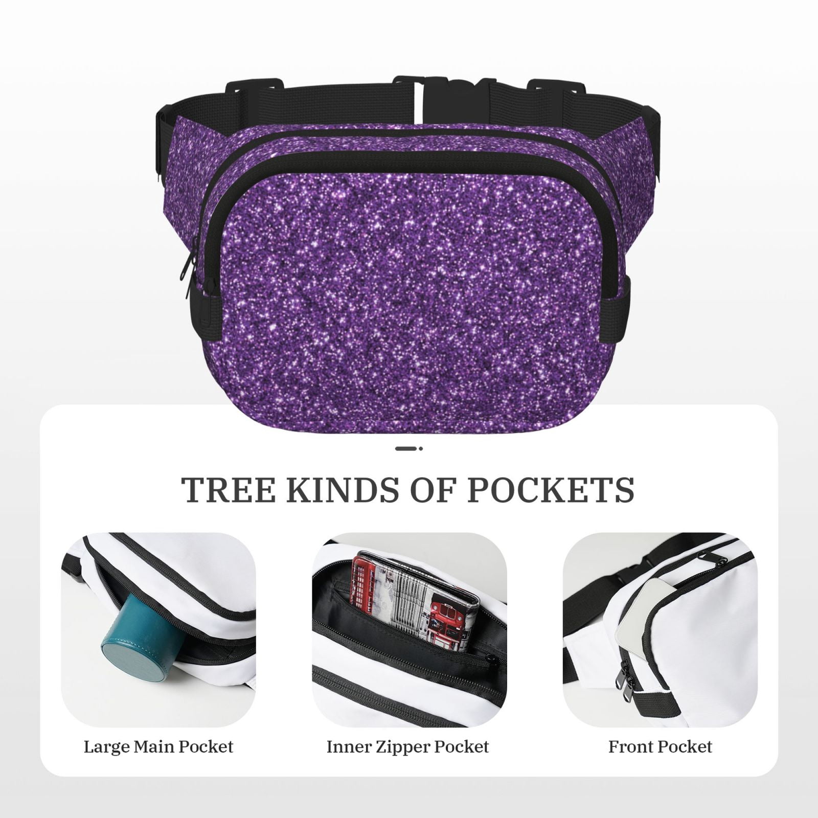 Kuqiui Purple Glitter Print Fanny Packs for Women Cross Body Waist Bag Fashionable Fanny Pack Designer Workout Hiking Waist Pack Running Travel Gym
