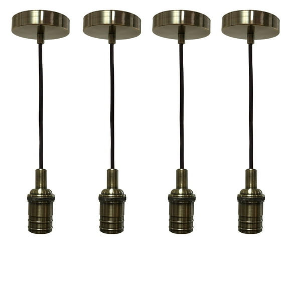 Royal Designs Vintage-Style Antique Brass Keyless Pendant Light Socket and Canopy with Brown Rayon Fabric Cord, Set of 4