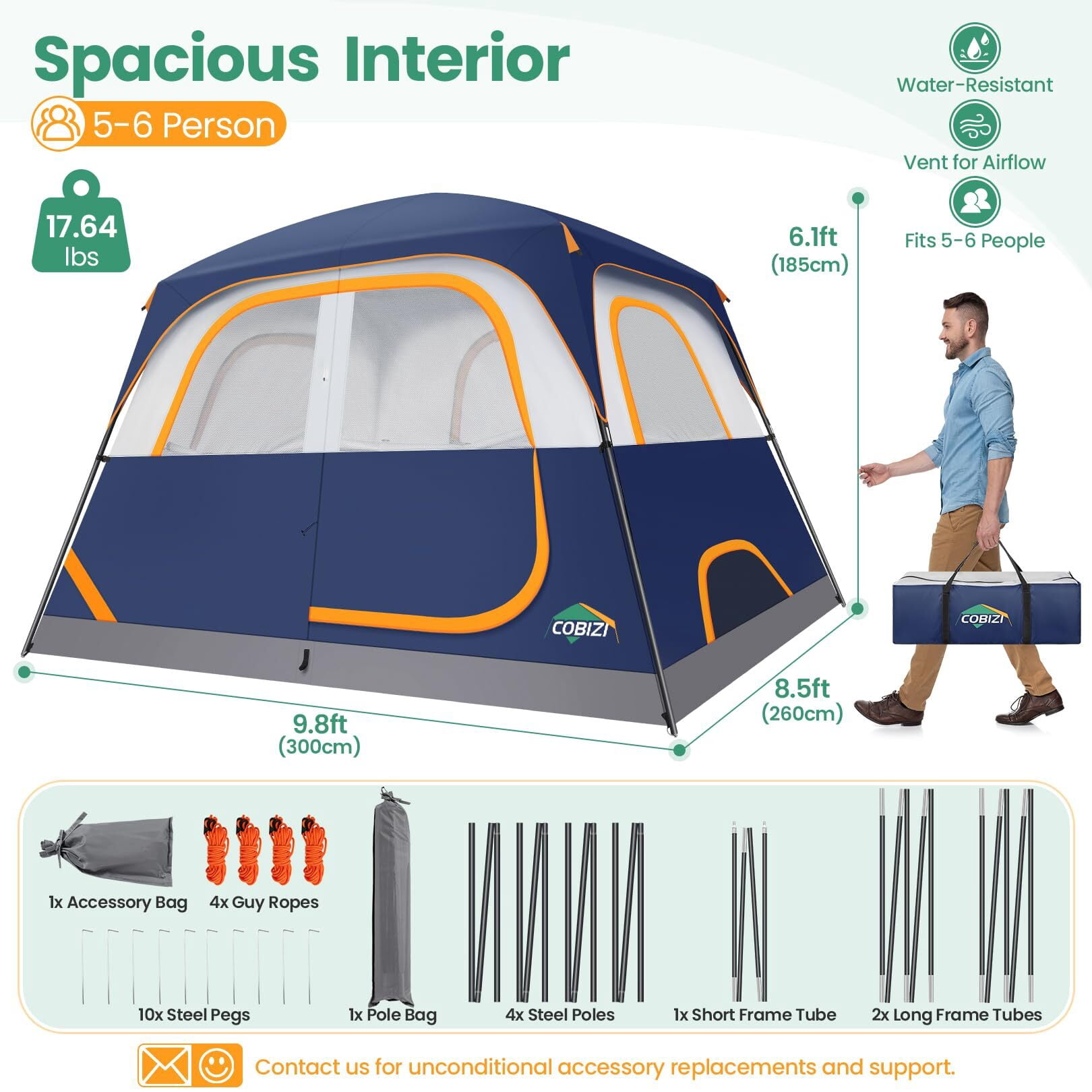 COBIZI Tents for Camping 4/6 Person Camping Tent with Rainfly and Screen, Easy Setup Lightweight Portable Waterproof Outdoor Tent with Carry Bag for Backpacking, Hiking, Family Travel
