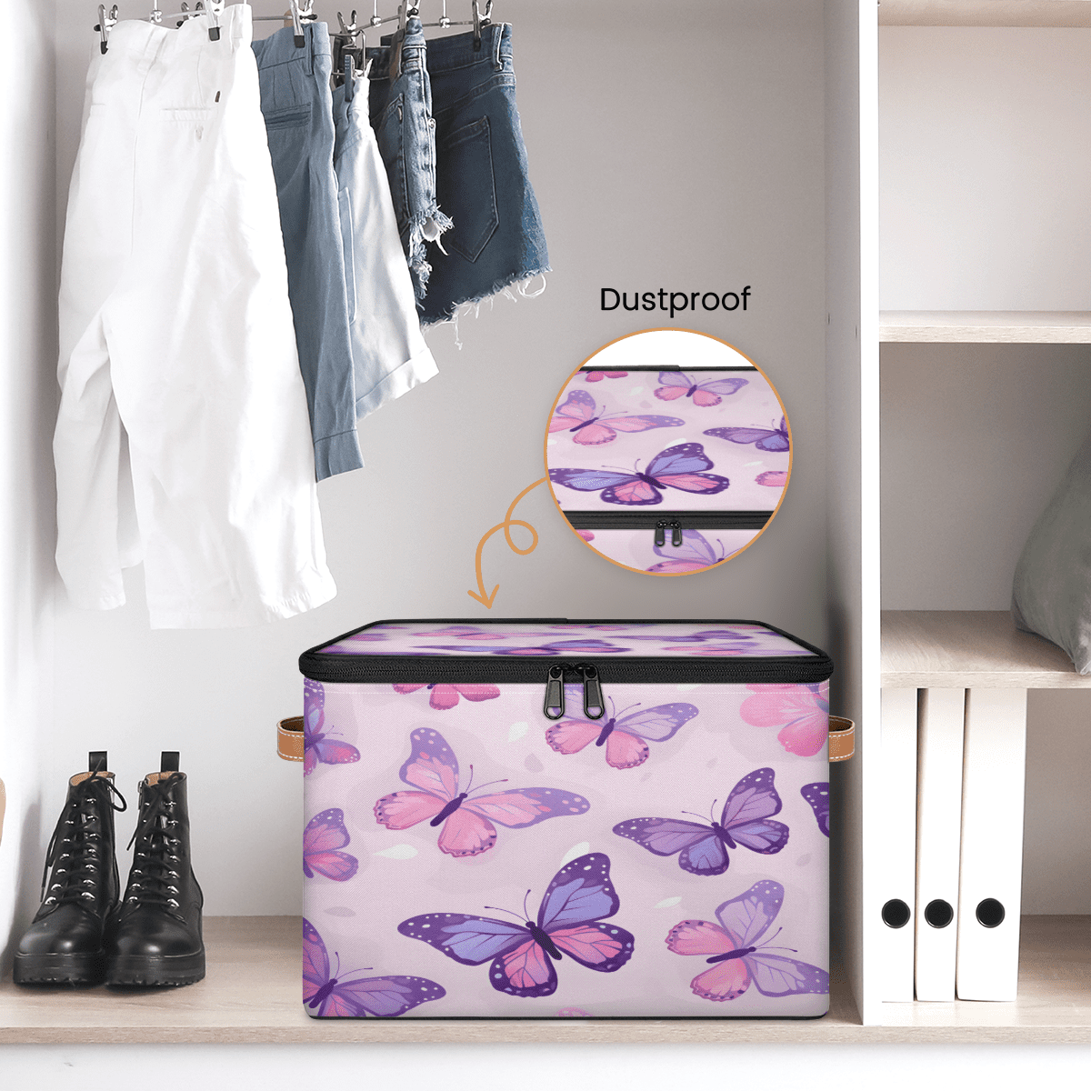 ADECORIVY Butterfly Storage Bin with Lid Fabric Purple Pink Foldable Storage Baskets Boxes for Clothes Shelves Closet Organizer Containers with Leather Handles for Wardrobe
