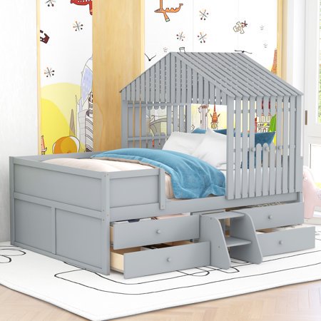 Churanty Full Size Loft Bed with 4 Storage Drawers for Kids/Teens  Wooden House Low Floor Loft Bed with Window  Roof and Ladder Gray