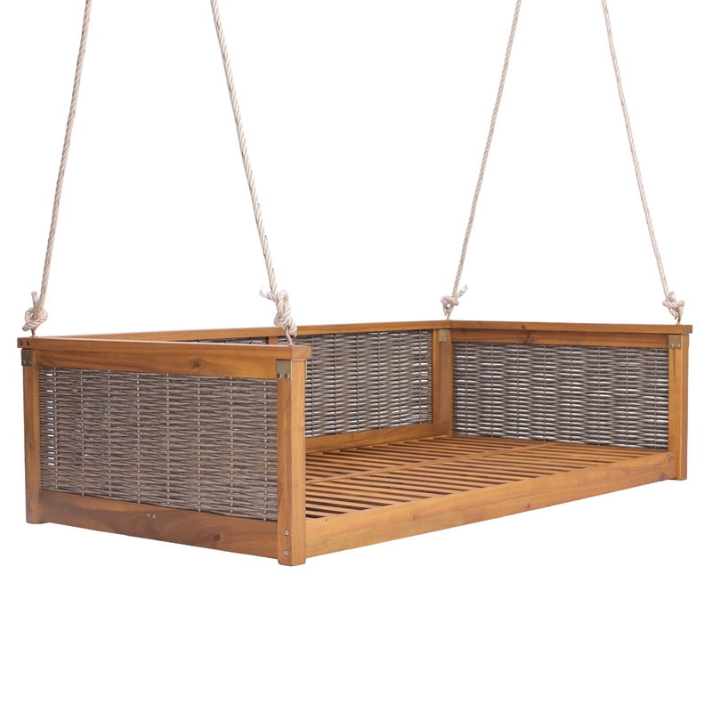 Porch Daybed Swing Outdoor Wooden Swing Bench, Patio Hanging Chair Swinging Bed with Long Ropes for Garden, Backyard, Deck