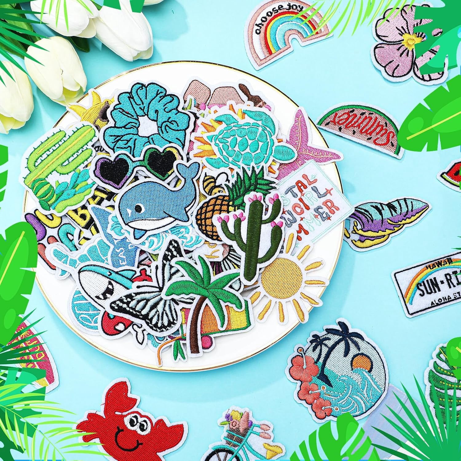 80 Pcs Summer Iron on Patches for Trucker hat Beach Hawaiian Sew on Embroidered Cute Patches Applique Repair DIY Crafts for Clothing Hat Backpacks Shirt Jeans Bag Clothes