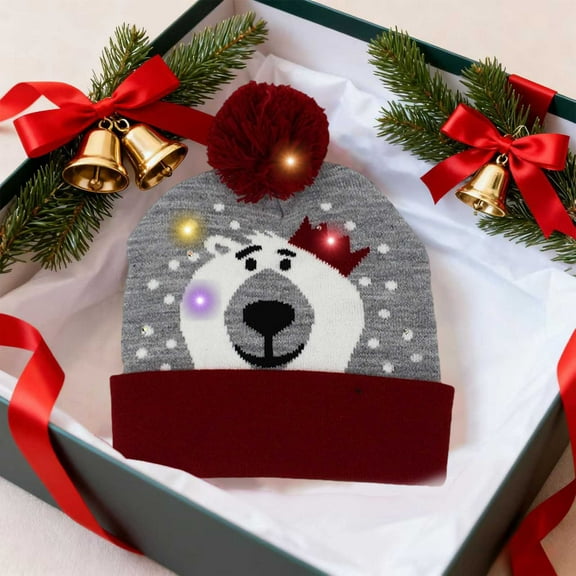 Christmas LED Knitted Hat Santa Claus Pattern Warm Wool Cap Hairball Ear Protection Light-Up Beanie for Holiday Celebrations