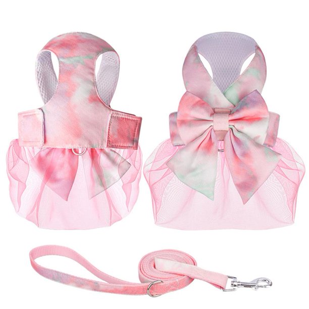 Pet Dog Harness Leash Set Bow Tie Gradient Color Chest Strap With Traction Rope Pet Vest Veil Princess Skirt He Qiyong unisex