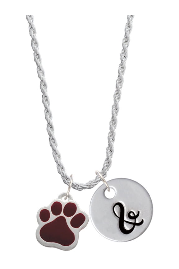 Silvertone Large Maroon Paw Silvertone Script Initial Disc - & - Charm Necklace, 20"+3"