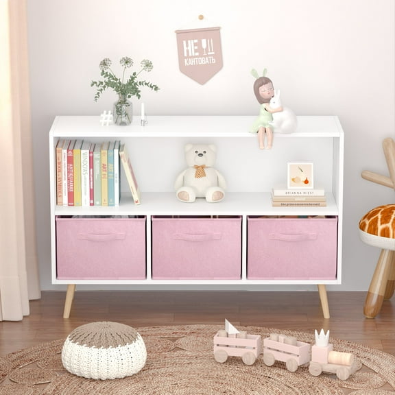 Yoneston Kids Bookcase with 3 Collapsible Fabric Drawers, Children's Toy Storage Organizer Book Display Cabinet for Playroom, Bedroom, White Pink