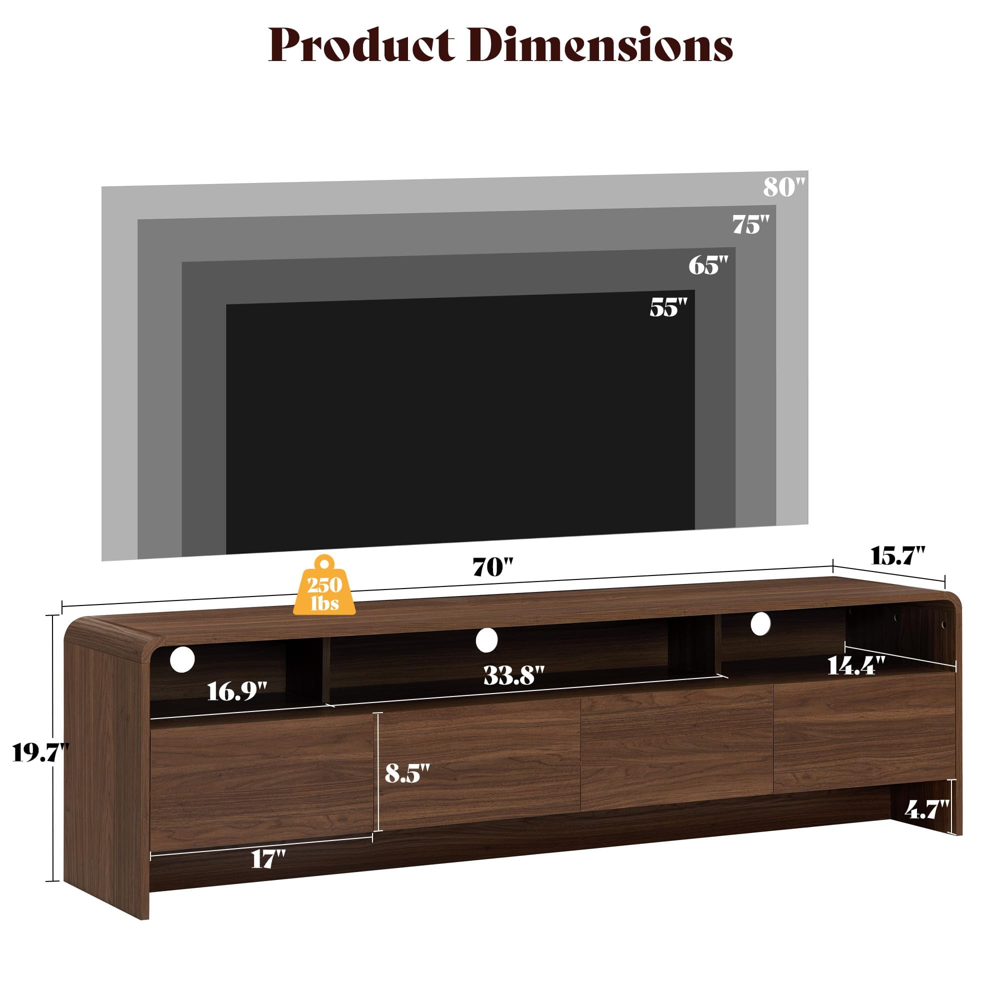 VanAcc 70" Modern TV Stand for TVs Up to 80", Wood TV Console with Curved Profile Design & 2 Storage Cabinets for Living Room, Brown