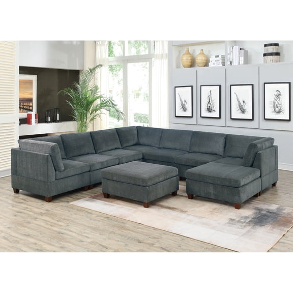 Miekor Furniture Living Room Furniture Grey Chenille Modular Sectional 9pc Set Large Family U- Sectional Modern Couch 3x Corner Wedge 4x Armless Chairs and 2x Ottoman Plywood W5U385