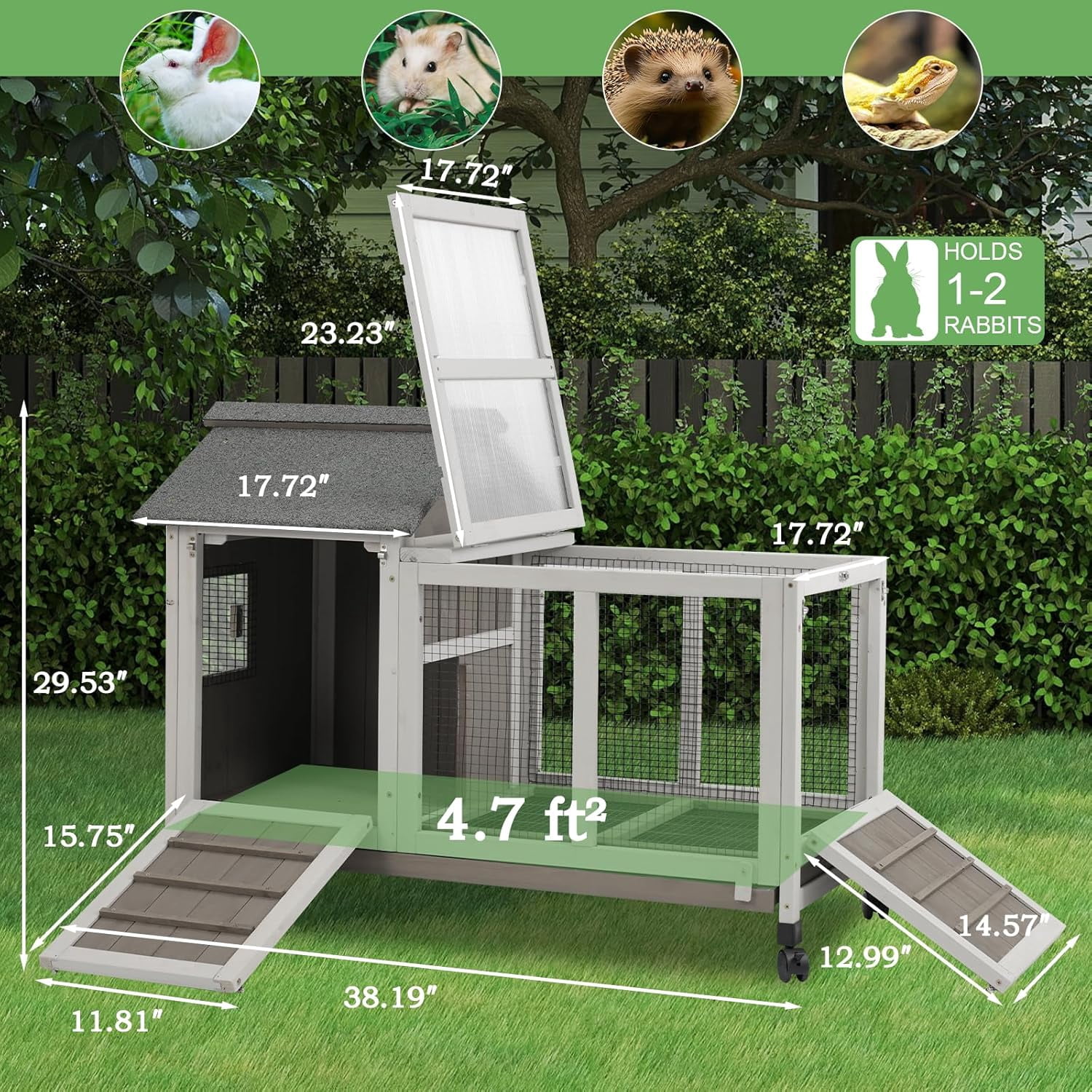 Gowoodhut Rabbit Hutch Indoor and Outdoor with 4 Wheels,Wooden Rabbit Cage  for 1-2 Rabbits,Bunny Hutch with Asphalt Roof Suitable ,Grey