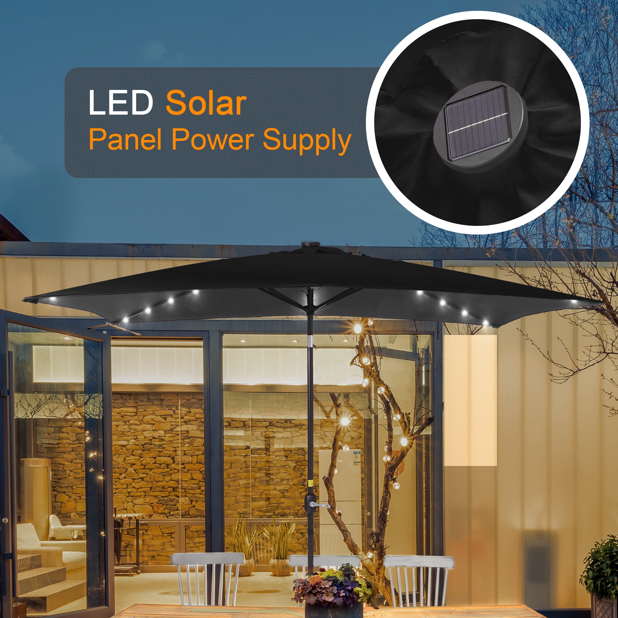 ACEGOSES LED Outdoor Patio 6x9ft Deck Solar Light Market Umbrella, Outside Table Umbrellas With Polyester canopy,Black