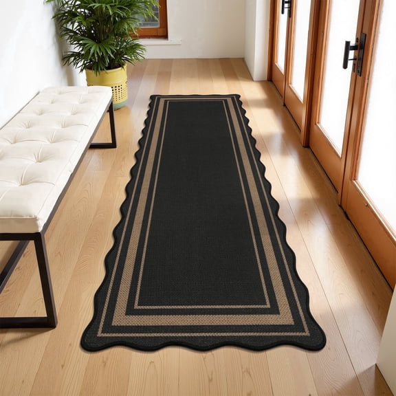 MeyJey 2'x6' Runner Rug for Hallway Washable Kitchen Rugs Non Slip Solid Tan Jute Scalloped Indoor Carpet for Entryway Laundry Room Floor Mats