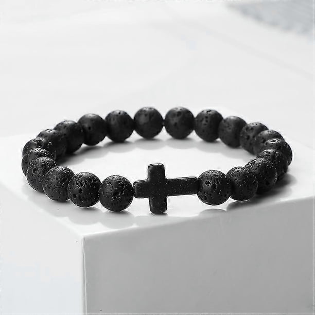Pulsera de hombre con cruz de Jesús, piedras naturales, lava negra, turquesas, cuentas de ónix, pulseras con dijes, brazaletes de yoga para mujer, joyería de oración, regalos