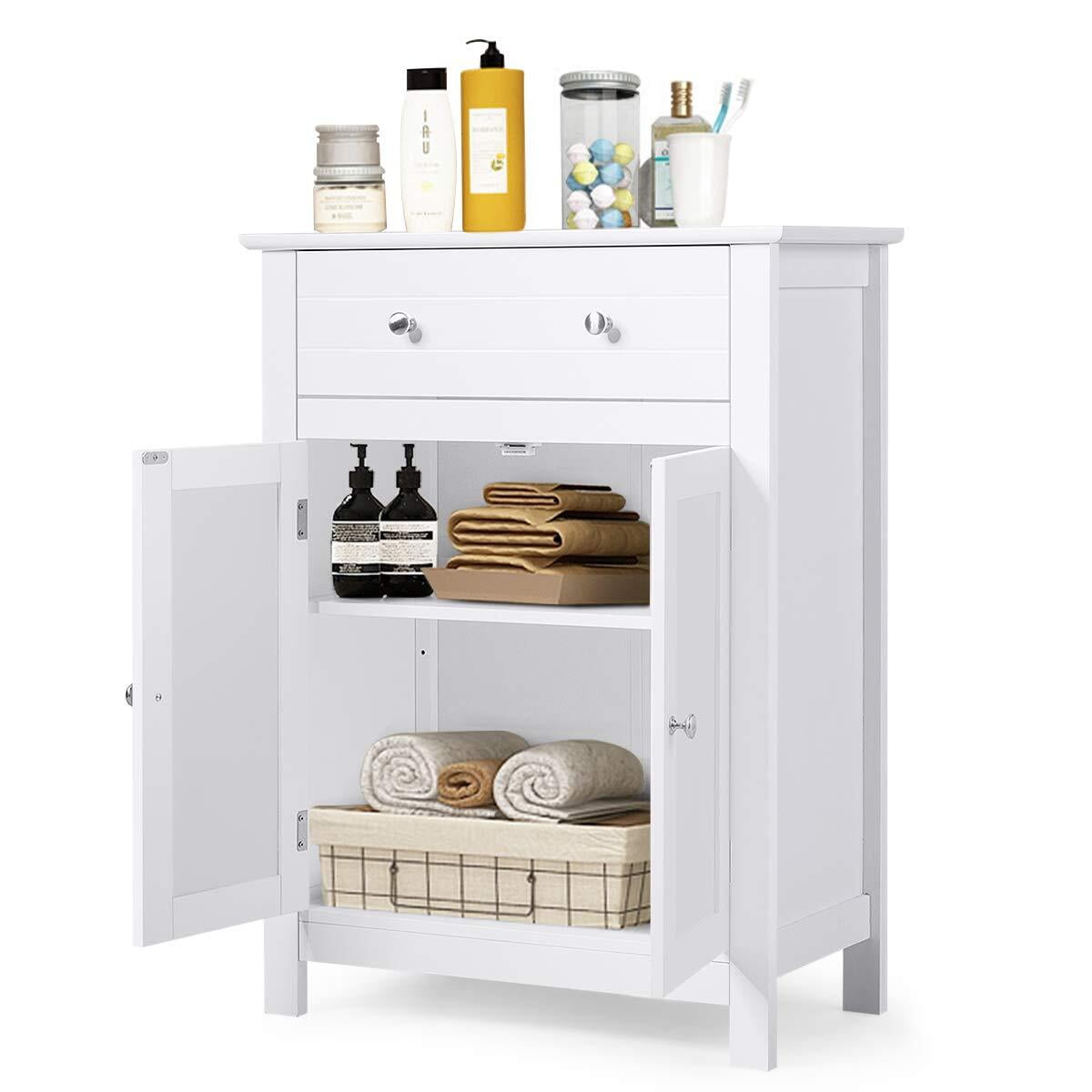 FASCK Wooden Bathroom Storage Cabinet, Modern Bathroom Organizer Cabinet with 3 Heights Adjustable Shelf, Drawer & 2-Door Shelf for Living Room Entryway, Easy Assembly, White