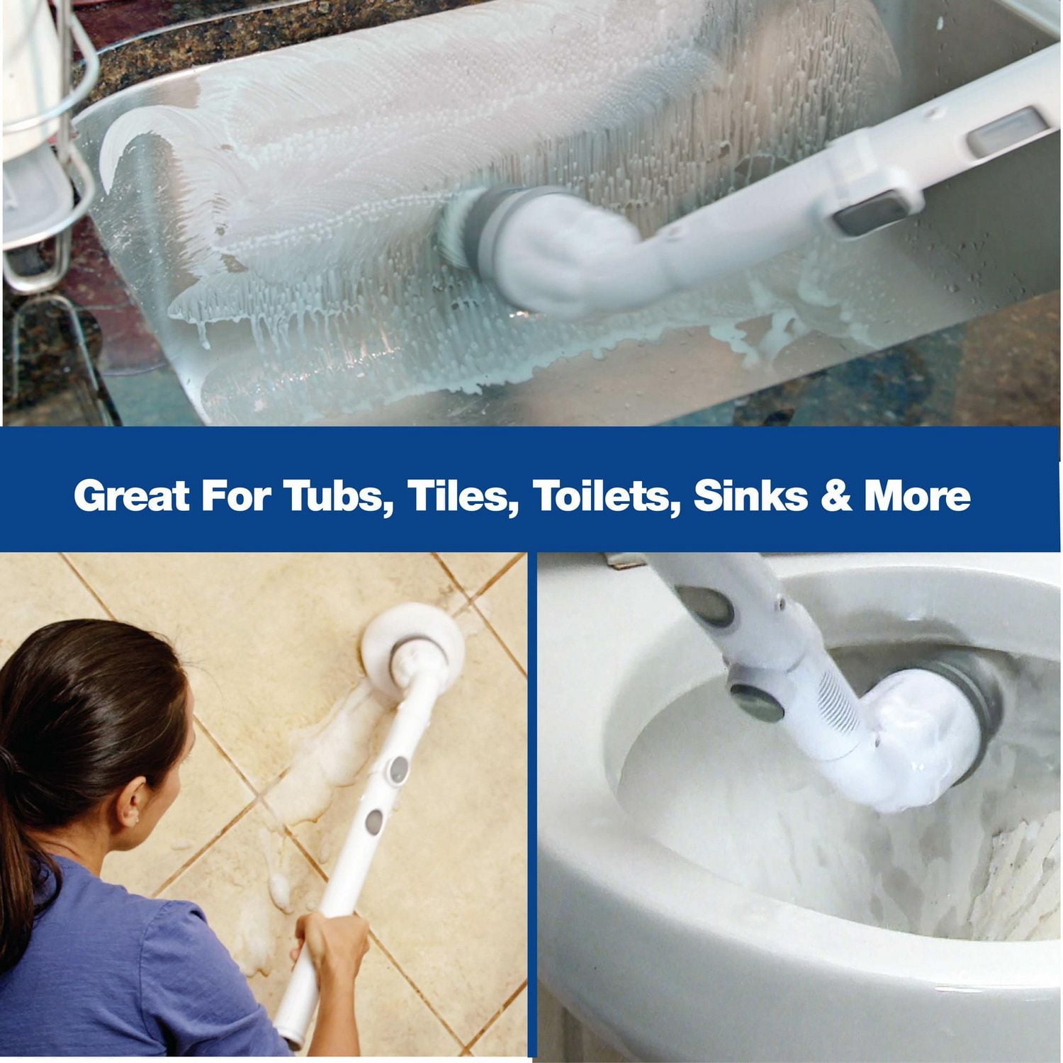 Bell + Howell Scrubtastic Rechargeable Power Scrubber with Extension Handle and 3 Brush Heads for Bathroom, Tile, and Kitchen Cleaning