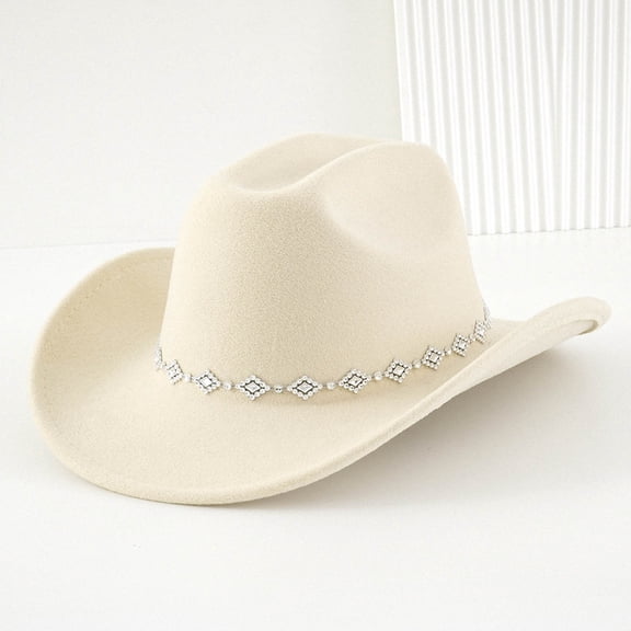 ZHOGXU Cowboy Hat For Men And Women Rhinestone Design Bohemian Style Wide Brim Design Fashionable Caps With Chain For Country Dance Party Beige One Size