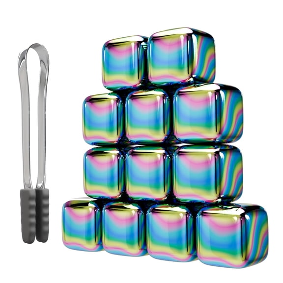 Wine Chillers Metal Ice Cube 12 PCS Stainless Steel Whiskey Stones Reusable Whiskey Rocks Beverage Chilling Stones for Scotch and Bourbon Drinking Gifts Set for Men Dad Husband,Rainbow