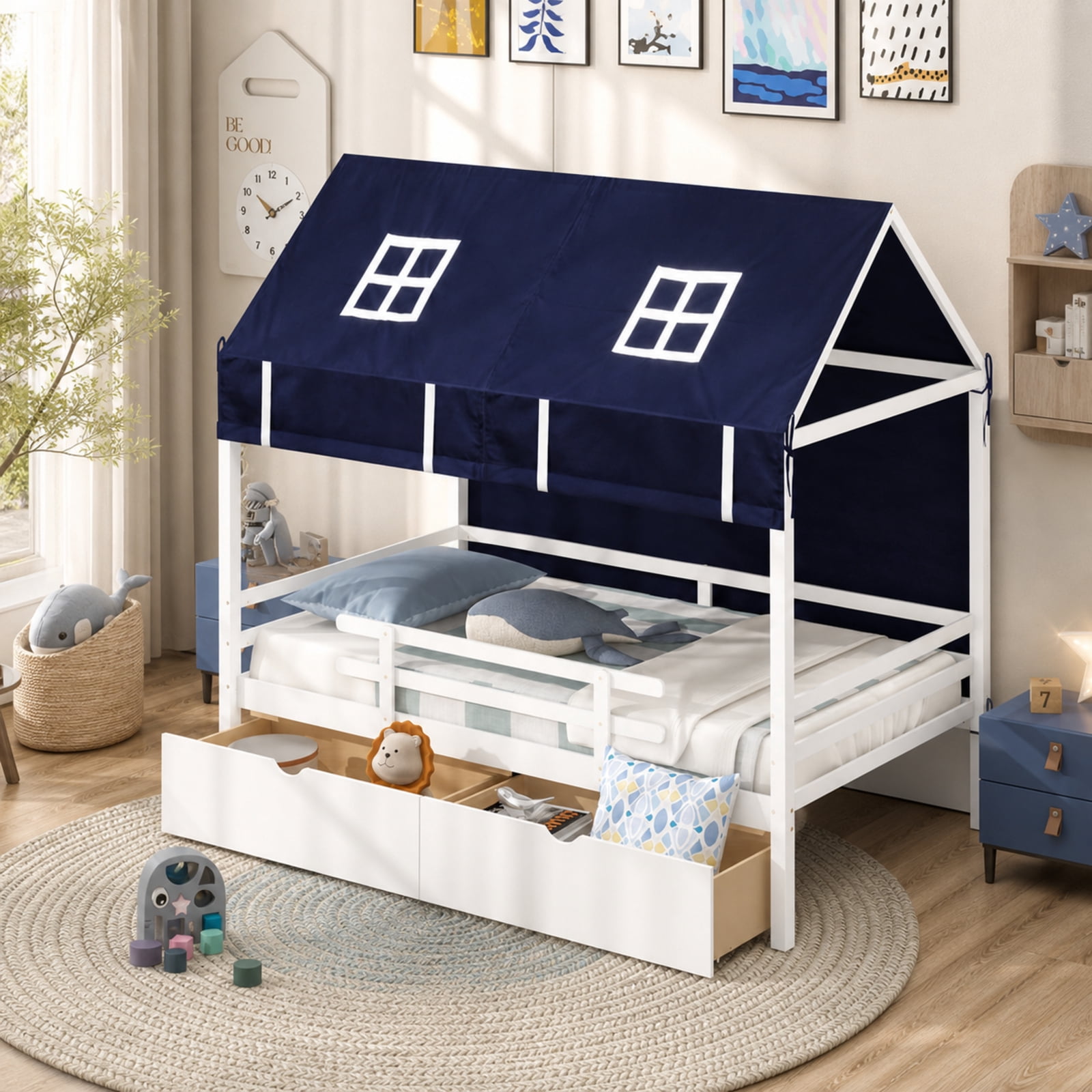 Furnibear Twin House Bed with Dustproof Tent 2 Large Storage Drawers Roll Up Curtains Rolling Casters Protective Fences and Solid Wood Frame, White