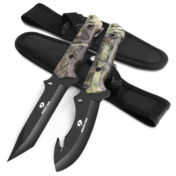 MOSSY OAK 2-Piece Hunting Knife Set, Fixed Blade Gut Hook & Skinning Knife with Camo Full-Tang Handle and Dual Carry Sheath