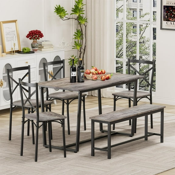Demi Bonn 52" Dining Table and Chairs Set of 6 with Metal Frame, 6-Piece Breakfast Table with 4 Chairs and Stools for Small Space, Gray