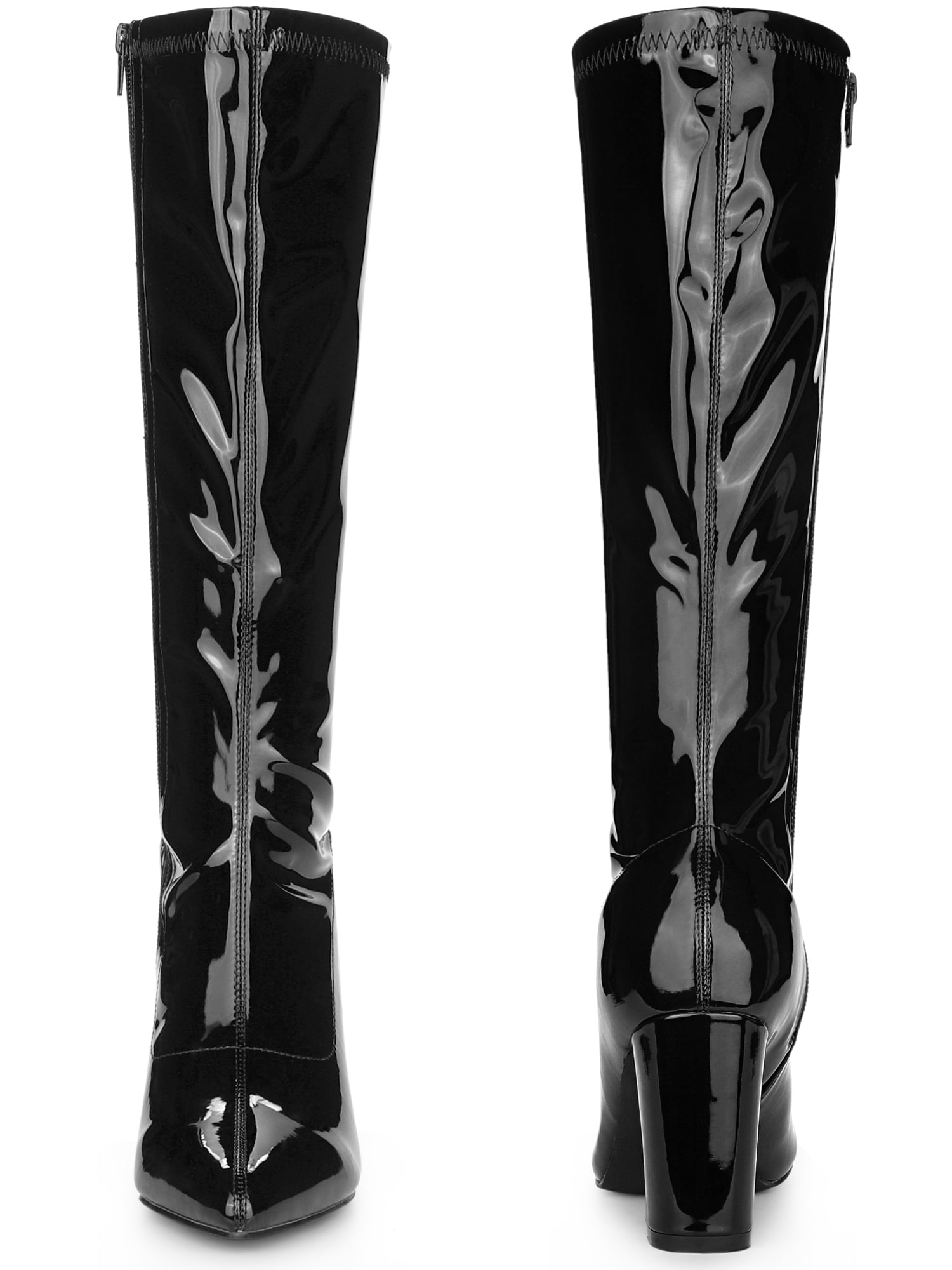 Unique Bargains Women's Boot Pointed Toe  Zip Chunky Heels Knee High Boots Black 9