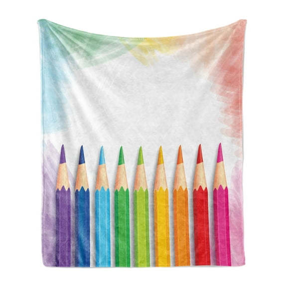 School Soft Flannel Fleece Blanket, Digital Drawing Illustration of Realistic Colorful Pencils on Pastel Tone Backdrop, Cozy Plush for Indoor and Outdoor Use, 60" x 80", Multicolor, by Ambesonne