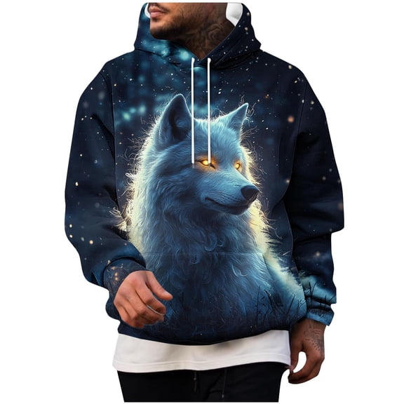 Atogsazn Men's Sherpa Lined Hoodies Wolf Graphic Long Sleeve Hooded Sweatshirt Winter Warm Tops Clothing White XXXXL Fashion