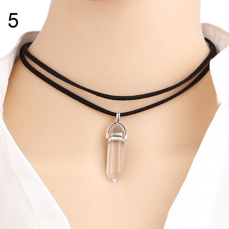 SHIMALEI,Women Double Layer Faux Leather Rope Hexagonal Prism Stone Pendant Necklace