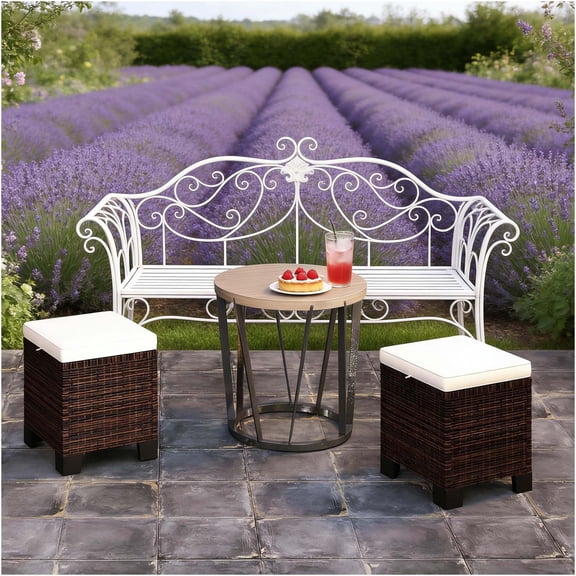 JERFIT 2-Pack Outdoor Ottoman Cube with Cushions, Beige Brown Wicker Storage Footrest Stool for Patio, Garden, Poolside