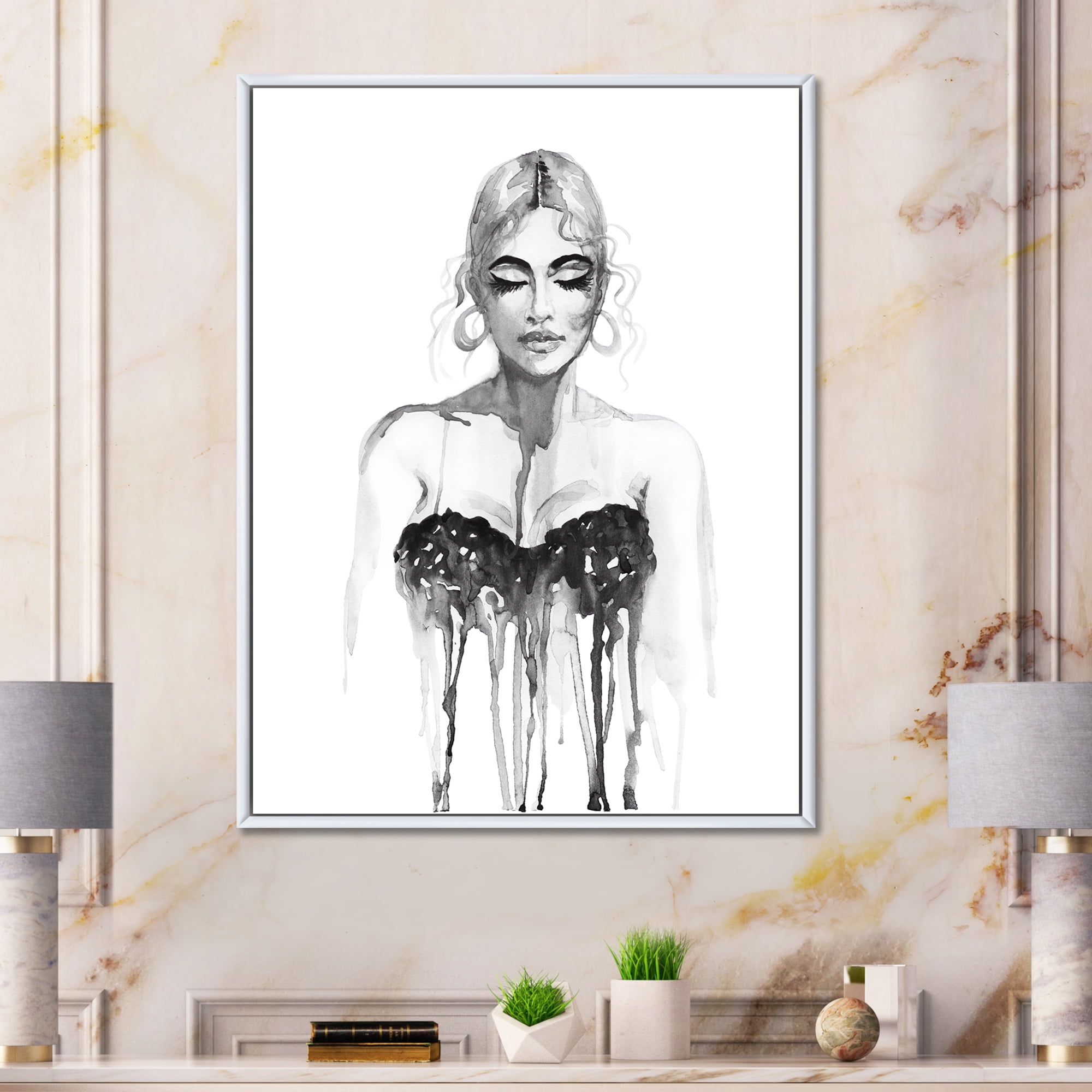 Designart 'Black and White Portrait of Woman Wearing Evening Dress' Modern Framed Canvas Wall Art Print