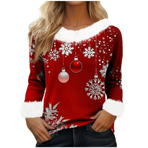 Christmas Tops for Women Faux Furry Trim Snowflakes Xmas Tree Printed Graphic Tee Shirts Holiday Festive Clothes (XL, Red)