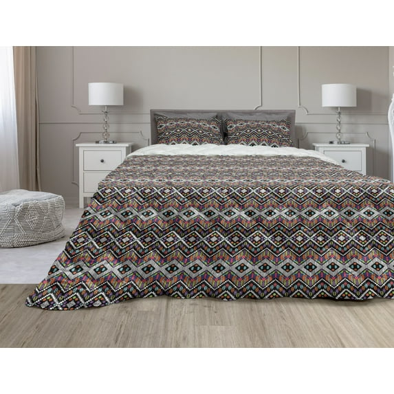Bohemian Stripe Comforter & Sham Bedding Set, Psychedelic Tribal Art Stripes and Shapes on Dark Backdrop Abstract Image, 3 pcs Duvet Set Microfiber Filling Quilt, 5 Sizes, Multicolor, by Ambesonne