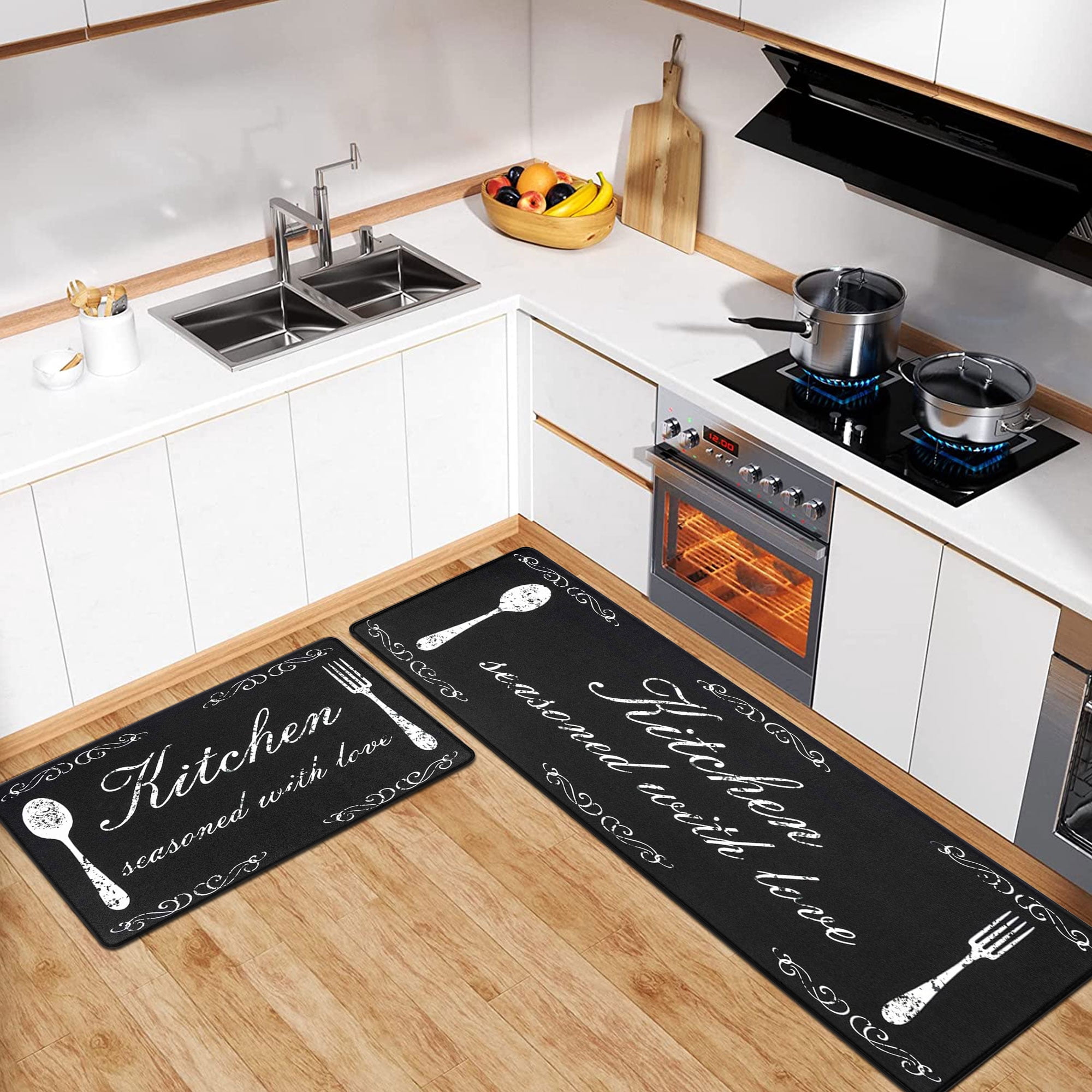 Findosom 2pcs Anti-Fatigue Kitchen Rugs Set Non Slip Waterproof Kitchen Runner Rug and Mat 0.4" Thickness Comfort Standing Mat for Kitchen, Floor, Office, Sink, Laundry 18"x47"+18"x30" Black