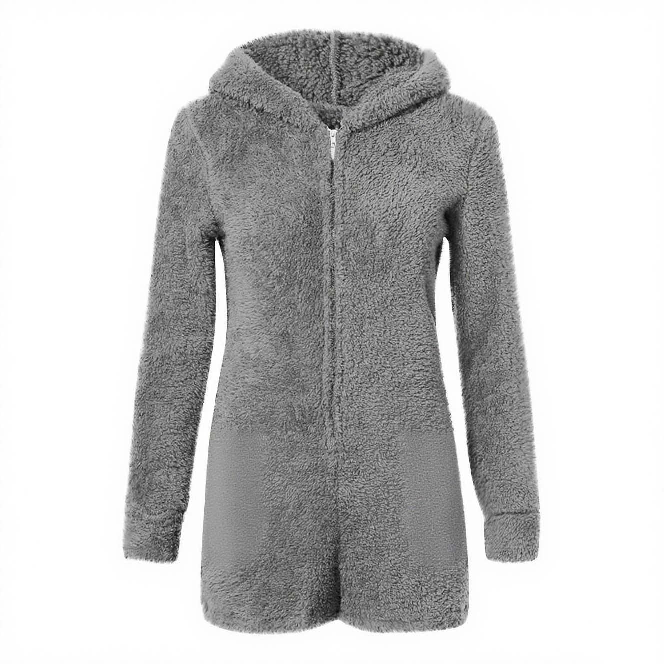 Womens Long Sleeve Onesies Pajamas Fuzzy Zip-Up Hooded Romper Warm Short Playsuit Jumpsuit Fleece Sherpa Sleepwear Gray, S