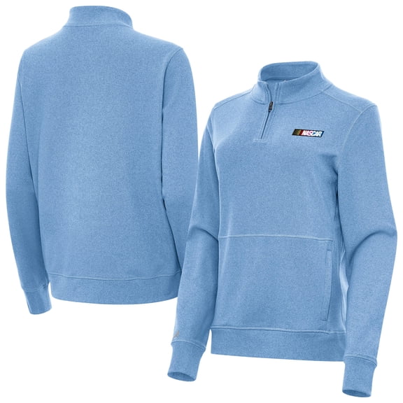 Women's Antigua Heather Powder Blue NASCAR 1976-2017 Logo Crush Quarter-Zip Top