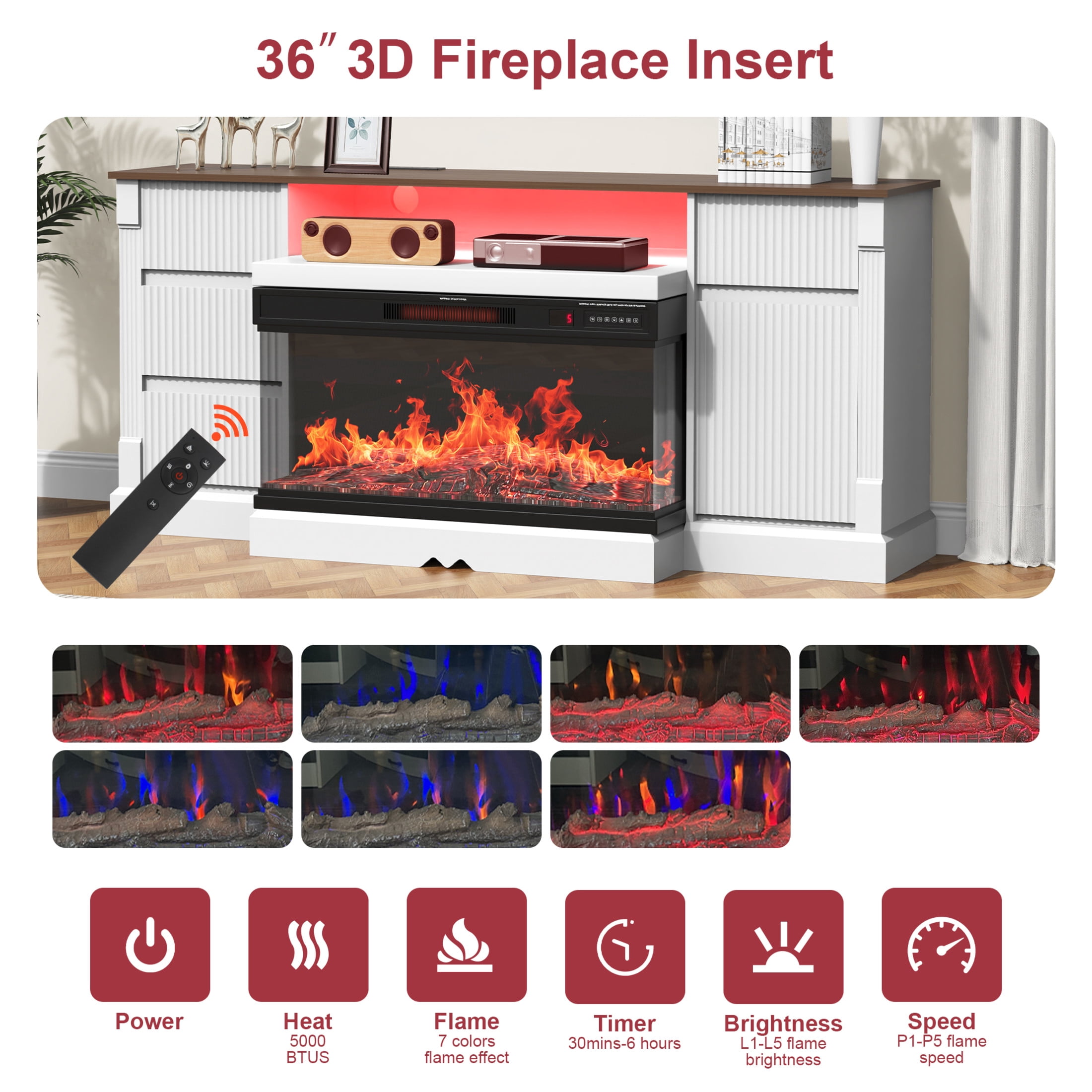 Noble House Modern 70" Glass TV Stand with 3-Sided Electric Fireplace, LED Lights and Storage, TVs up to 80", White