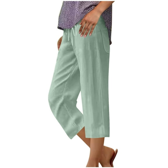 Hrsba Casual Womens Pants,Women Short Pants Solid Color 7/8 Length Pants With Pockets Drawstring Elastic Waist Linen Like Casual Trousers,Size M