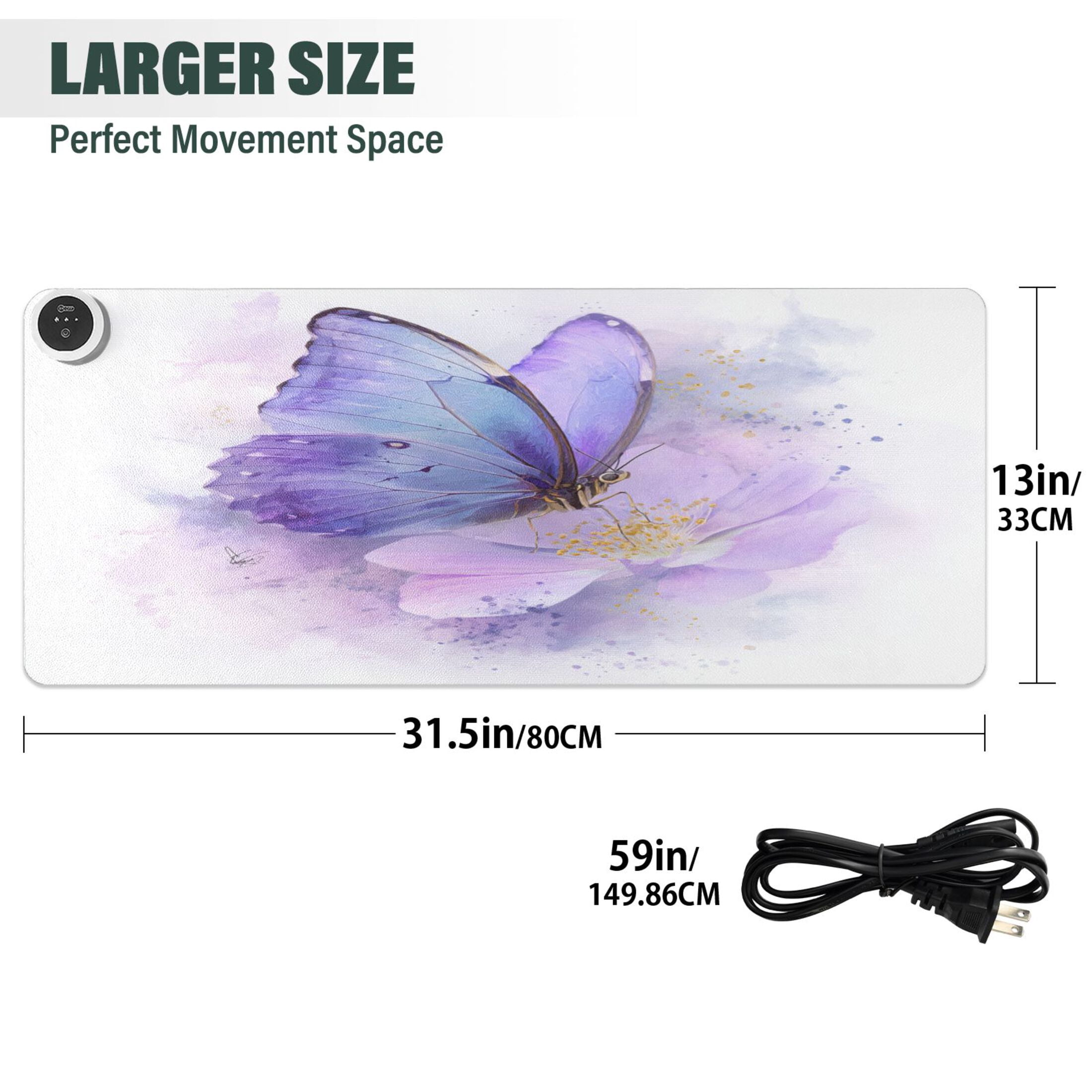 Large Heated Desk Mat Mouse Pad 31.5"x13"PU Leather Graphene Heating Desk Warmer with 3 Temperature Settings 110V US Plug Non-Slip Warm Pad for Home, Office, and Gaming Lavender Dream Of The Morpho