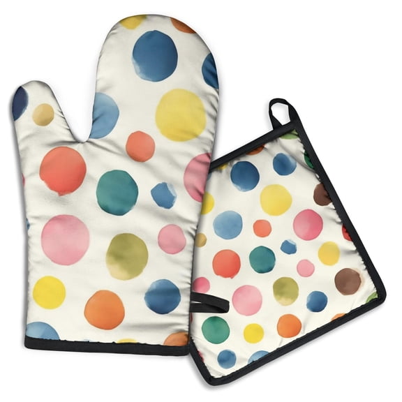 Colorful Polka Dot Pattern Kitchen Oven Mitt and Pot Holder Sets 2 Pcs for Baking, Cooking and Grilling, Heat Resistant Up To 392 °F