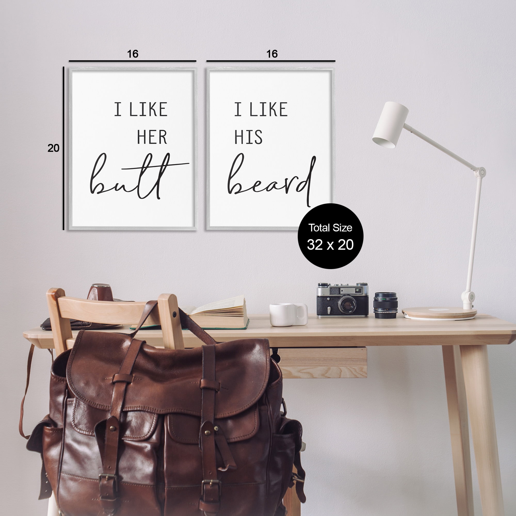 Stupell Industries Her Butt His Beard Funny Romantic Typography Painting Gray Framed Art Print Wall Art, 16 x 20, Set of 2
