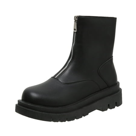 

XINSHIDE Women Ankle Boots Female Fashion Solid Leather Round Toe Front Zipper Platform Short Boots Fashion Shoes