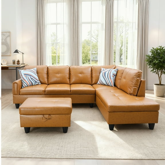 MAYEERTY 97" Faux Leather Sectional Sofa, 3-Piece Couch Living Room Sofa Set with Ottoman, Ginger (Right)