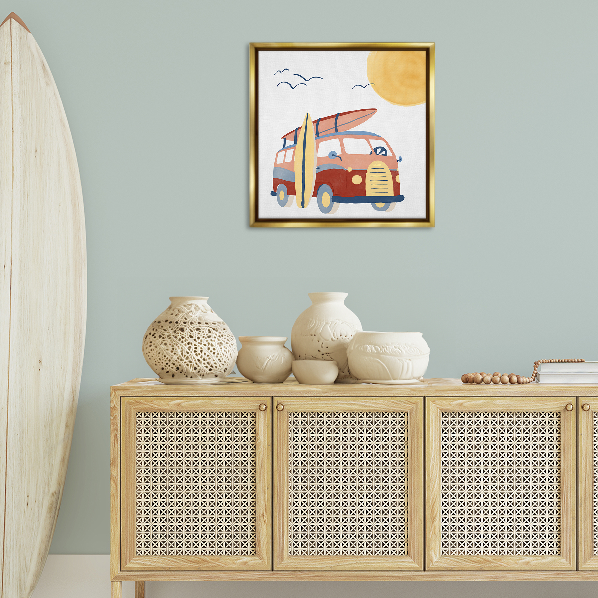Stupell Industries Summer Surf Bus Transportation Painting Gold Floater Framed Canvas Art Print Wall Art, 25 x 25