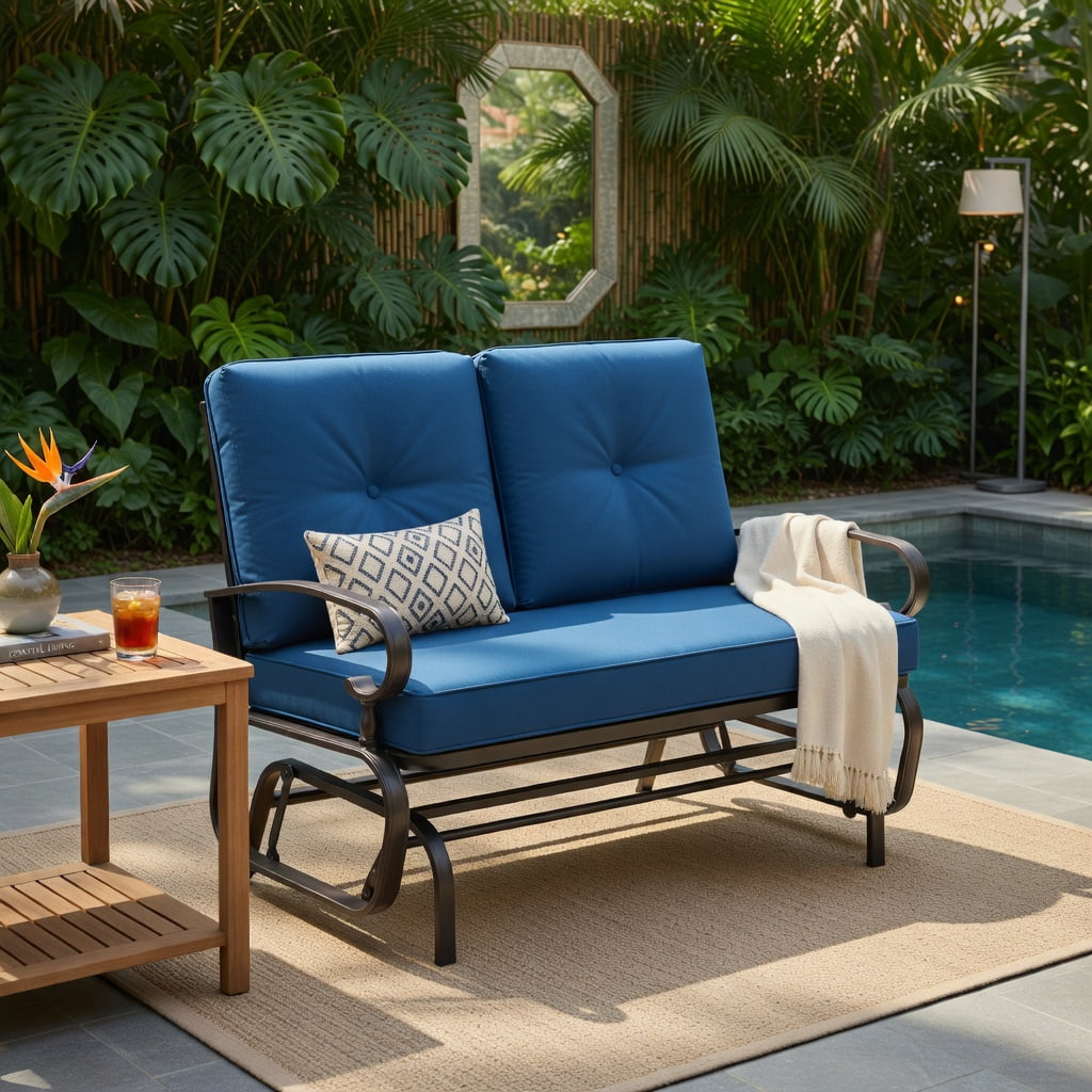 Hommoo 2-Person Outdoor Swing Glider Bench with Cushions, Steel Frame, Olefin Fabric, Patio, Porch & Backyard Seating, Navy