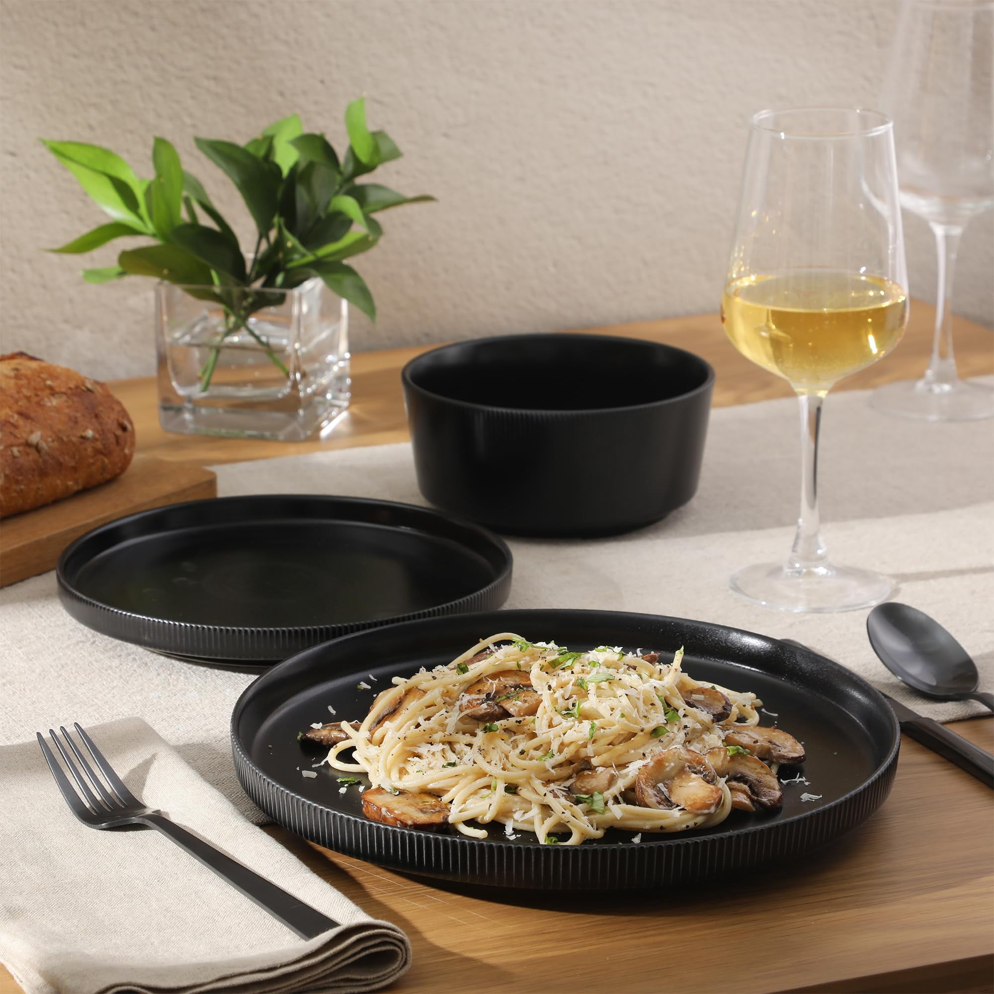 12-Piece Stoneware Dinnerware Set for 4, Cream Round Plates and Bowls, Modern Matte Finish, Microwave and Dishwasher Safe