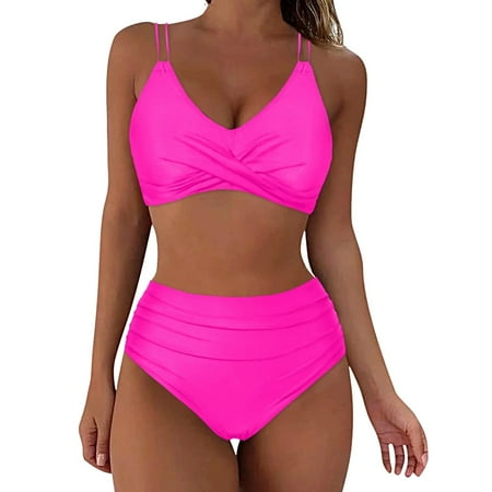 IDALL Bikini Sets Bathing Suit Retro Wrap High Waist Bikini Piece Swimsuit Print Tow Set Piece Vintage Front Two Ruched Crisscross Set Thong Bikini Sets High Waisted Bikini Sets Hot Pink S