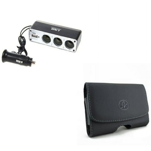 Black Leather Phone Case w Car Charger Lighter Socket Splitter Triple Port Adapter D9A Compatible With Google Pixel 3a XL