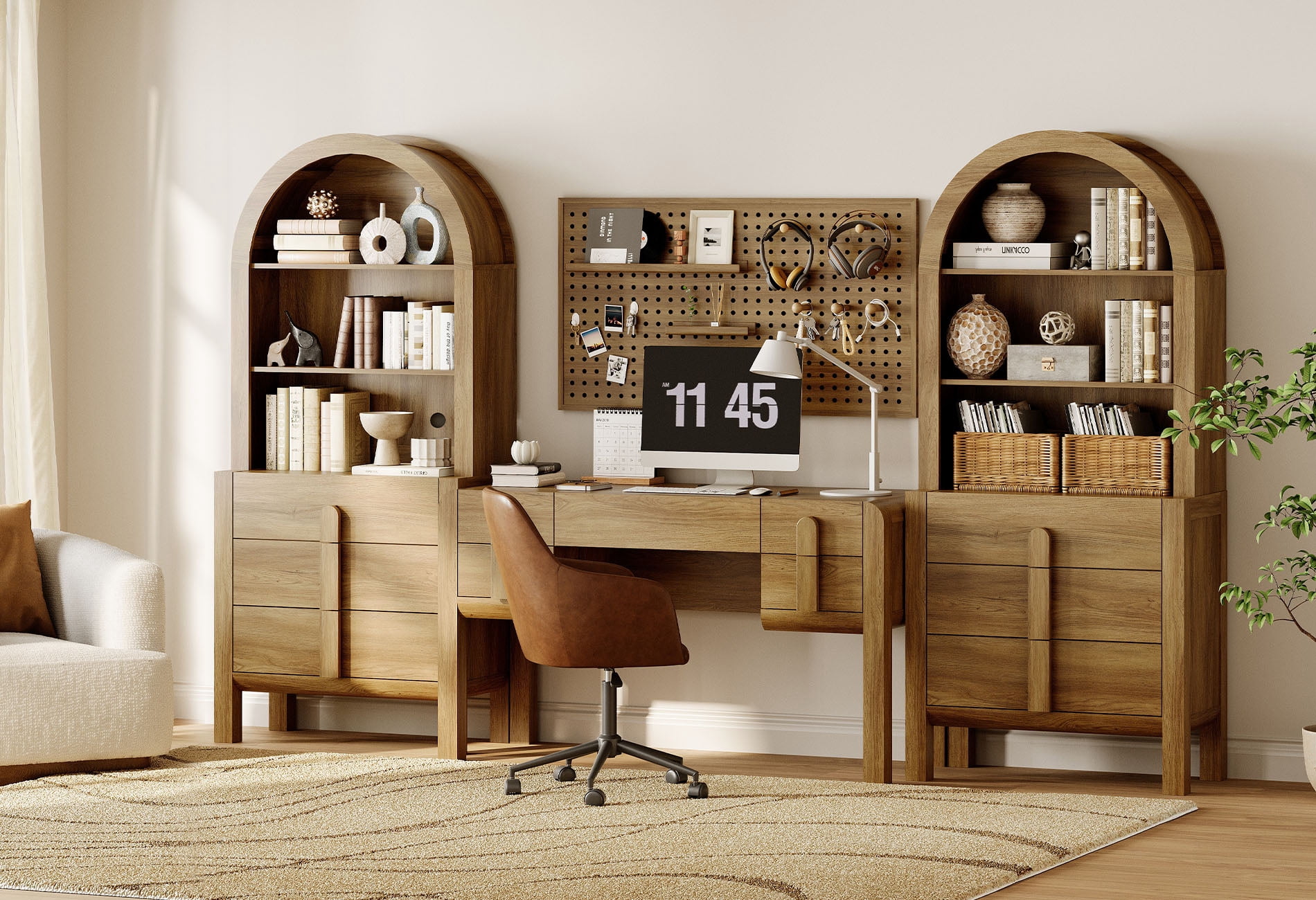 Home Office Set, 53.5" Modern Executive Desk with Charging Station and Drawers & 2 Piece 71"H Tall 3-Tier Arched Bookcases with Open Storage for Living Room, Bedroom, Home Office